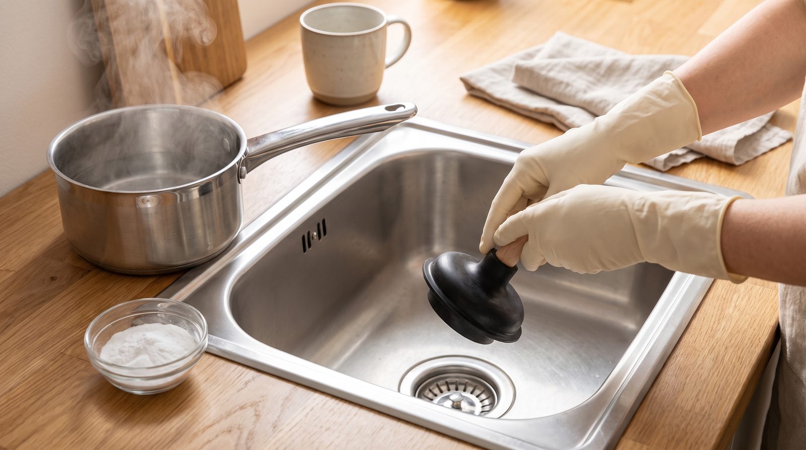 Débouchage naturel d’un drain de cuisine avec bicarbonate de soude — Plomberie A+ Montréal Débouchage naturel d'un drain de cuisine avec bicarbonate de soude — Plomberie A+ Montréal