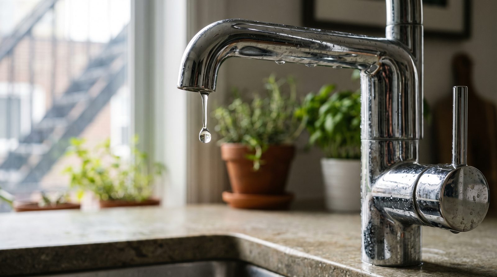 Robinet de cuisine chromé qui goutte — réparation de fuite par Plomberie A+